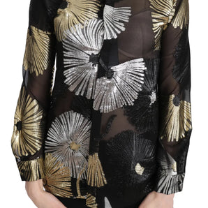 Dsquared² Gold Silver Silk Jacquard See Through Top Blouse