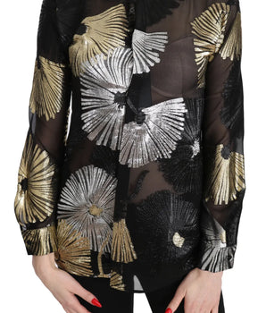Dsquared² Gold Silver Silk Jacquard See Through Top Blouse