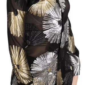 Dsquared² Gold Silver Silk Jacquard See Through Top Blouse