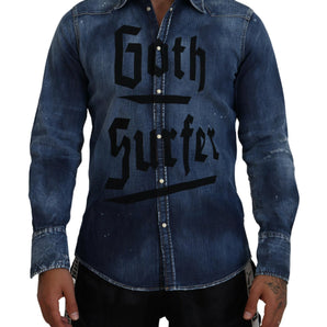 Dsquared² Blue Washed Goth Surfer Print Men Denim Shirt