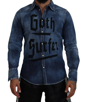 Dsquared² Blue Washed Goth Surfer Print Men Denim Shirt