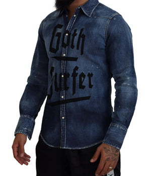 Dsquared² Blue Washed Goth Surfer Print Men Denim Shirt