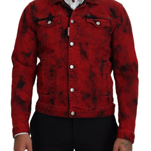 Dsquared² Red Black Tie Dye Collared Men Denim Jacket