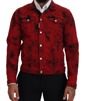 Dsquared² Red Black Tie Dye Collared Men Denim Jacket