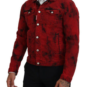 Dsquared² Red Black Tie Dye Collared Men Denim Jacket