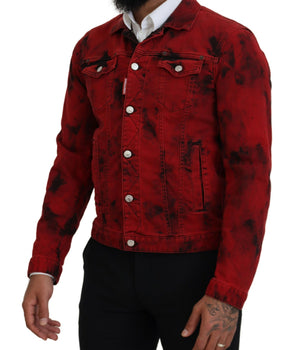 Dsquared² Red Black Tie Dye Collared Men Denim Jacket