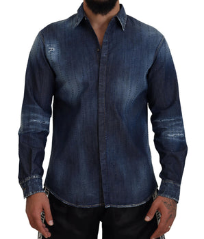 Dsquared² Blue Tattered Crystal Embellished Denim Shirt