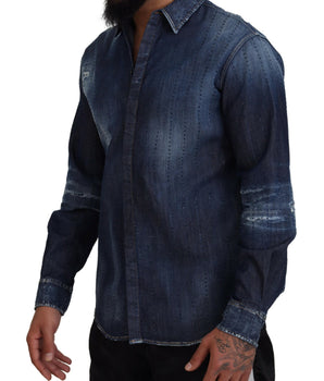 Dsquared² Blue Tattered Crystal Embellished Denim Shirt