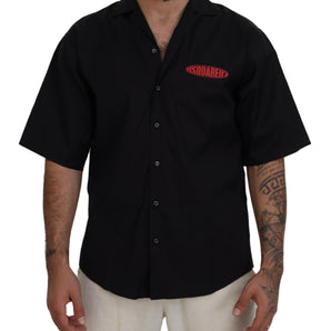 Dsquared² Black Cotton Collared Logo Print Short Sleeve Shirt