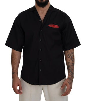 Dsquared² Black Cotton Collared Logo Print Short Sleeve Shirt
