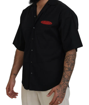 Dsquared² Black Cotton Collared Logo Print Short Sleeve Shirt
