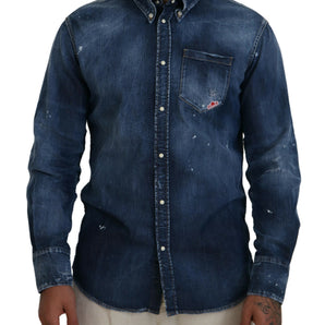 Dsquared² Blue Washed Collared Men Casual Long Sleeves Shirt