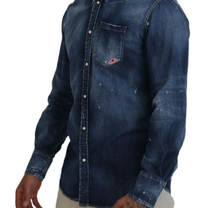 Dsquared² Blue Washed Collared Men Casual Long Sleeves Shirt