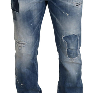 Dsquared² Blue Washed Tattered Straight Fit Casual Denim Jeans