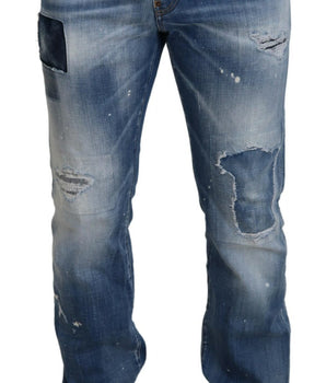 Dsquared² Blue Washed Tattered Straight Fit Casual Denim Jeans