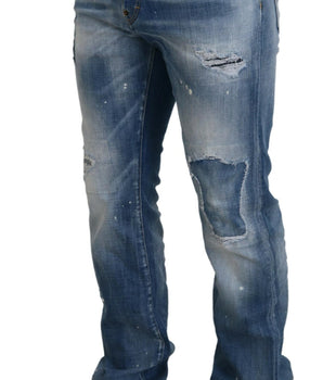 Dsquared² Blue Washed Tattered Straight Fit Casual Denim Jeans