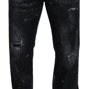 Dsquared² Black Crystal Embellished Tattered Denim Jeans