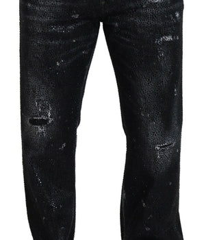 Dsquared² Black Crystal Embellished Tattered Denim Jeans