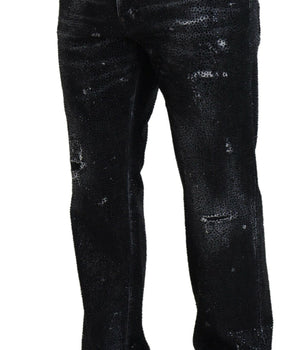 Dsquared² Black Crystal Embellished Tattered Denim Jeans