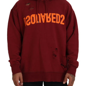 Dsquared² Maroon Cotton Tattered Hooded Printed Pullover Sweater