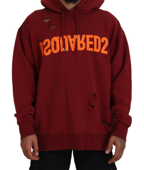 Dsquared² Maroon Cotton Tattered Hooded Printed Pullover Sweater