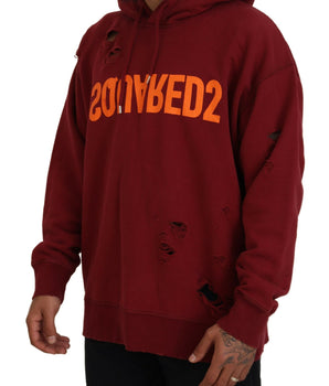 Dsquared² Maroon Cotton Tattered Hooded Printed Pullover Sweater