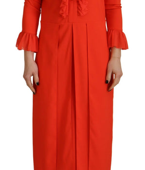 Dsquared² Red Polyester Long Sleeves Pleated Midi Dress