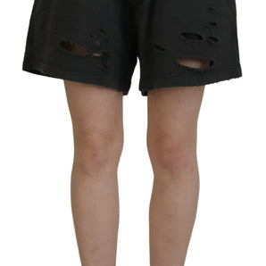 Dsquared² Black Cotton Mid Waist Tattered Tapered Shorts