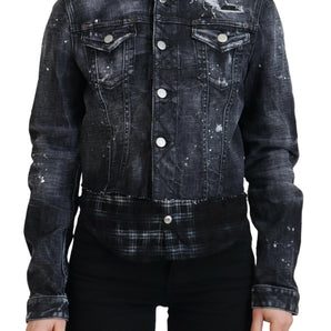 Dsquared² Gray Washed Cotton Distressed Denim Jacket