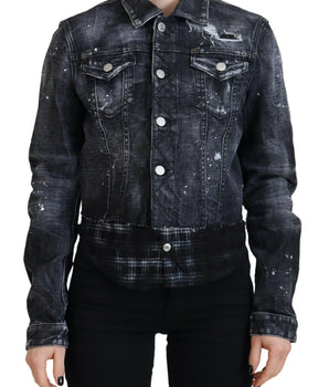 Dsquared² Gray Washed Cotton Distressed Denim Jacket