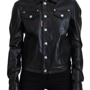 Dsquared² Black Leather Collared Long Sleeves Jacket