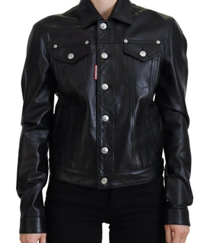 Dsquared² Black Leather Collared Long Sleeves Jacket
