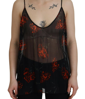 Dsquared² Black Floral Print Spaghetti Strap Tank Blouse Top