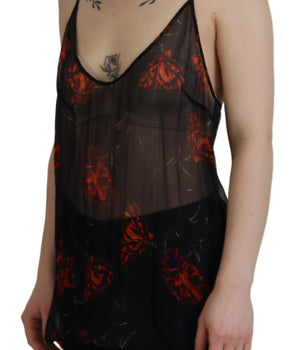 Dsquared² Black Floral Print Spaghetti Strap Tank Blouse Top