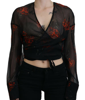 Dsquared² Black Floral Print Cropped Wrap Long Sleeves Top