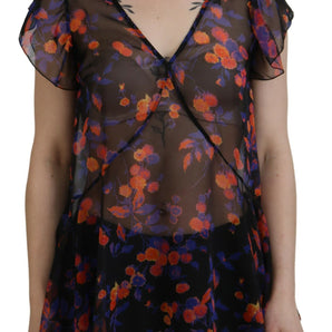 Dsquared² Black Floral Print Short Sleeves V-neck Blouse Top