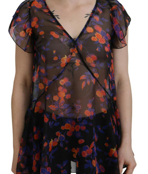Dsquared² Black Floral Print Short Sleeves V-neck Blouse Top