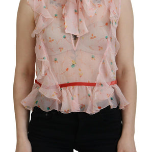 Dsquared² Pink Floral Print Silk Sleeveless Ascot Collar Top