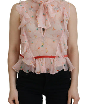 Dsquared² Pink Floral Print Silk Sleeveless Ascot Collar Top