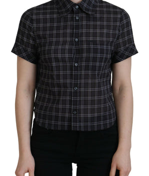 Dsquared² Black Checkered Collared Button Short Sleeves Top