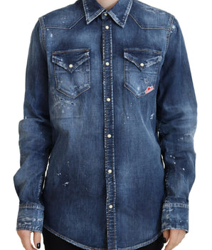 Dsquared² Blue Washed Cotton Button Down Collared Denim Shirt