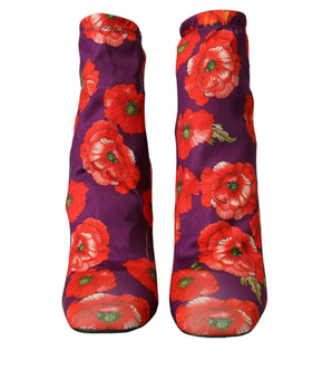 Dolce & Gabbana Purple Floral Jersey Stretch Boots Shoes