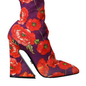 Dolce & Gabbana Purple Floral Jersey Stretch Boots Shoes