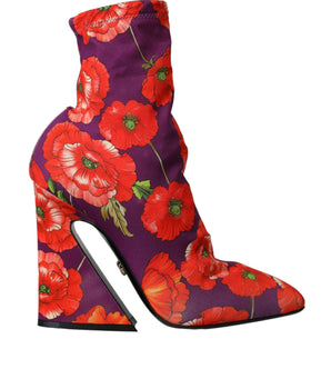 Dolce & Gabbana Purple Floral Jersey Stretch Boots Shoes