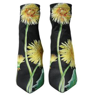 Dolce & Gabbana Black Floral Jersey Stretch Ankle Boots Shoes