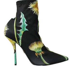 Dolce & Gabbana Black Floral Jersey Stretch Ankle Boots Shoes