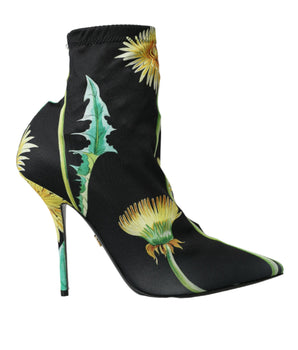 Dolce & Gabbana Black Floral Jersey Stretch Ankle Boots Shoes