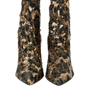 Dolce & Gabbana Gold Leopard Sequins Heels Boots Shoes