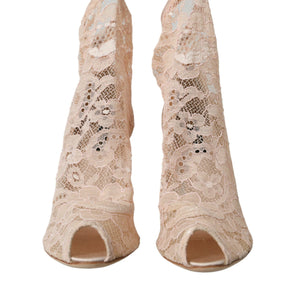 Dolce & Gabbana Beige Stretch Taormina Lace Boots Shoes