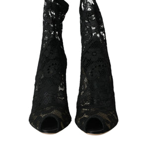 Dolce & Gabbana Black Stretch Taormina Lace Boots Shoes